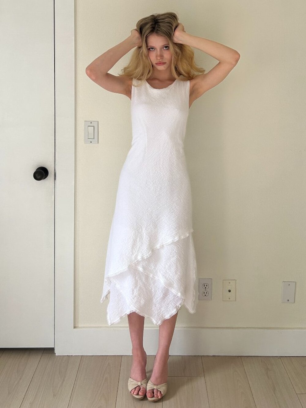 Y2K Cotton Midi Dress (M) medium white vintage coquette ruffle sundress preppy